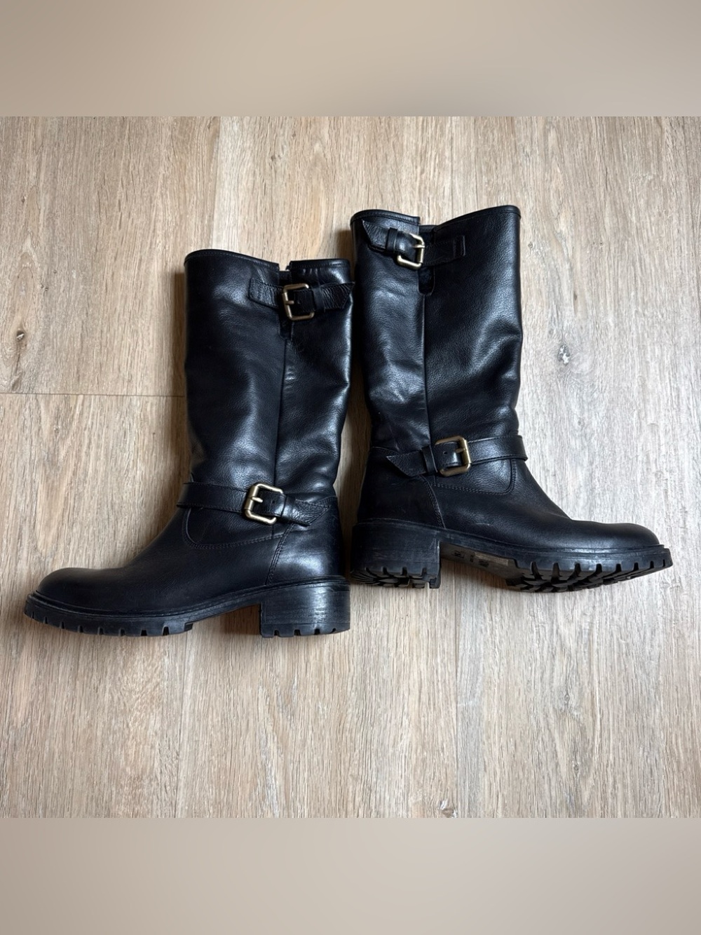 Fendi Black Leather Mid-Calf Buckle Combat Boots with Fur Lining 35
